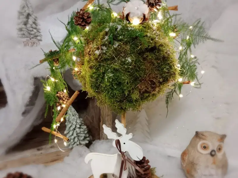 Boule de mousse végétale décorée et guirlande lumineuse