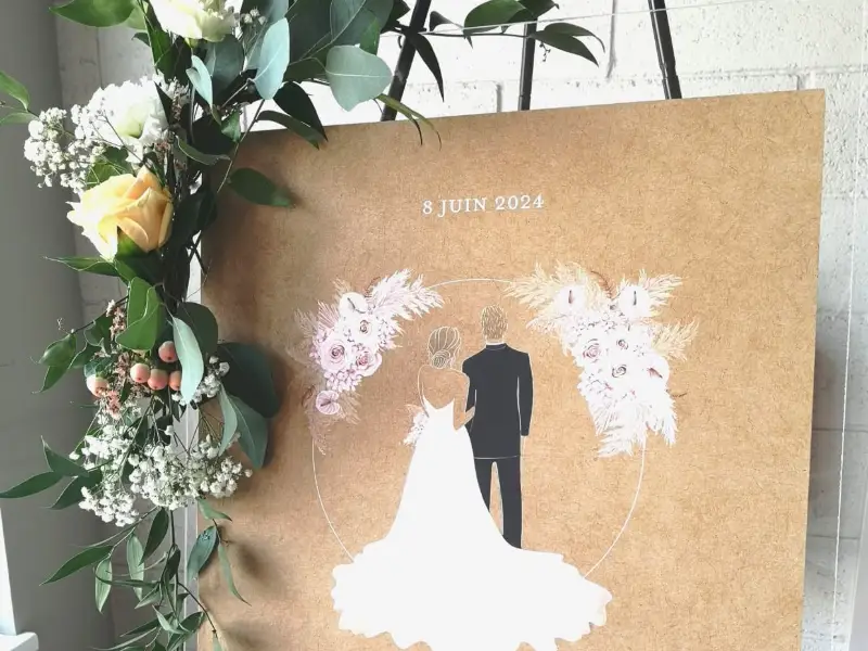 Panneau de bienvenue kraft et décor floral de mariage